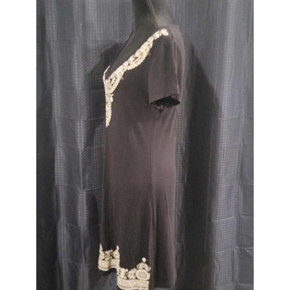 Black White Medallion Print V-Neck Short Sleeve T-Shirt Mini Dress Boho Casual - Picture 3 of 6